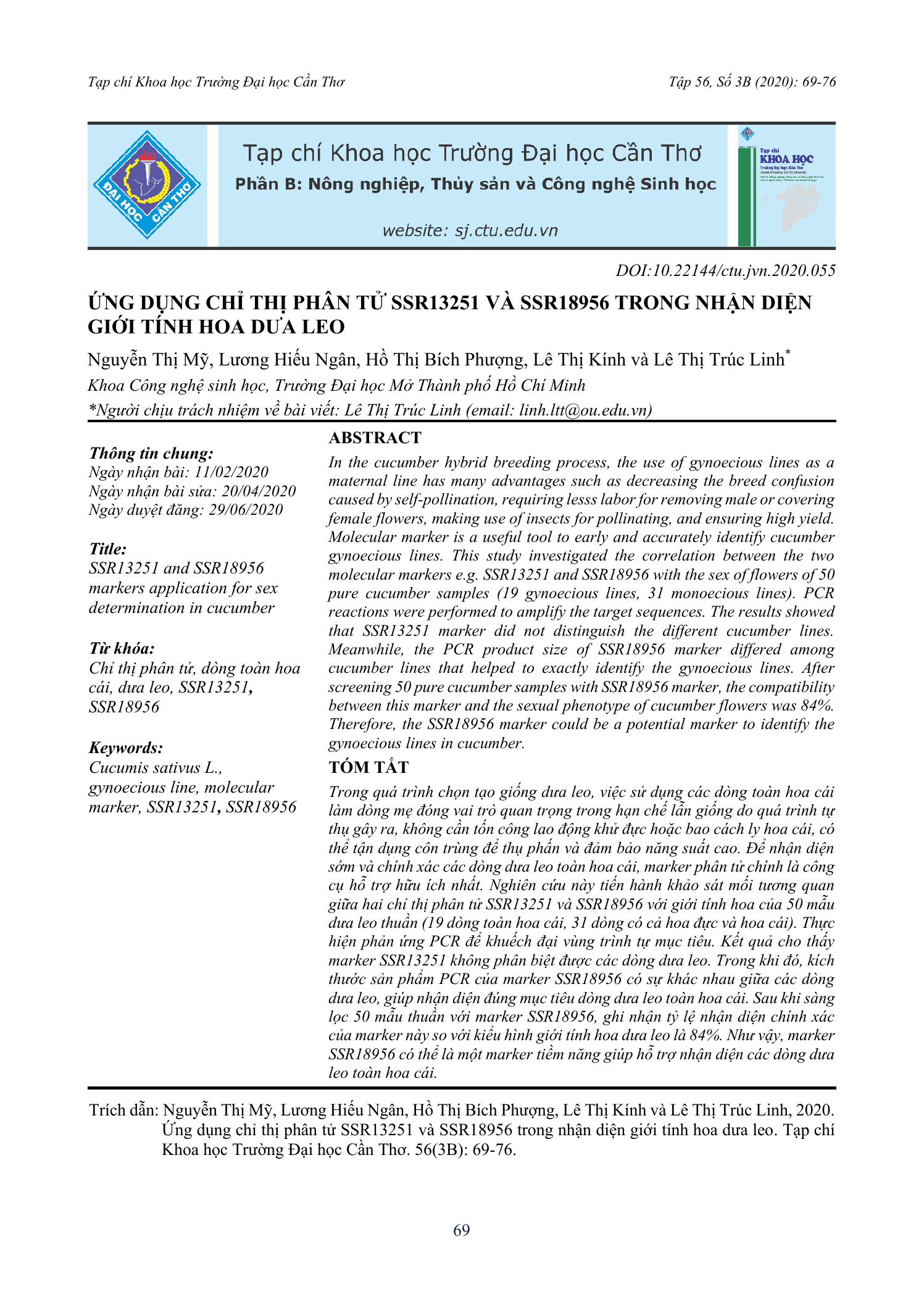 Ứng dụng chỉ thị phân tử SSR13251 và SSR18956 trong nhận diện giới tính hoa dưa leo