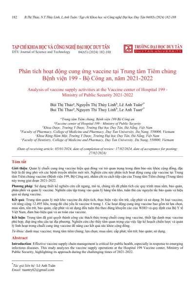 Phân tích hoạt động cung ứng vaccine tại Trung tâm Tiêm chủng Bệnh viện 199 - Bộ Công an, năm 2021-2022