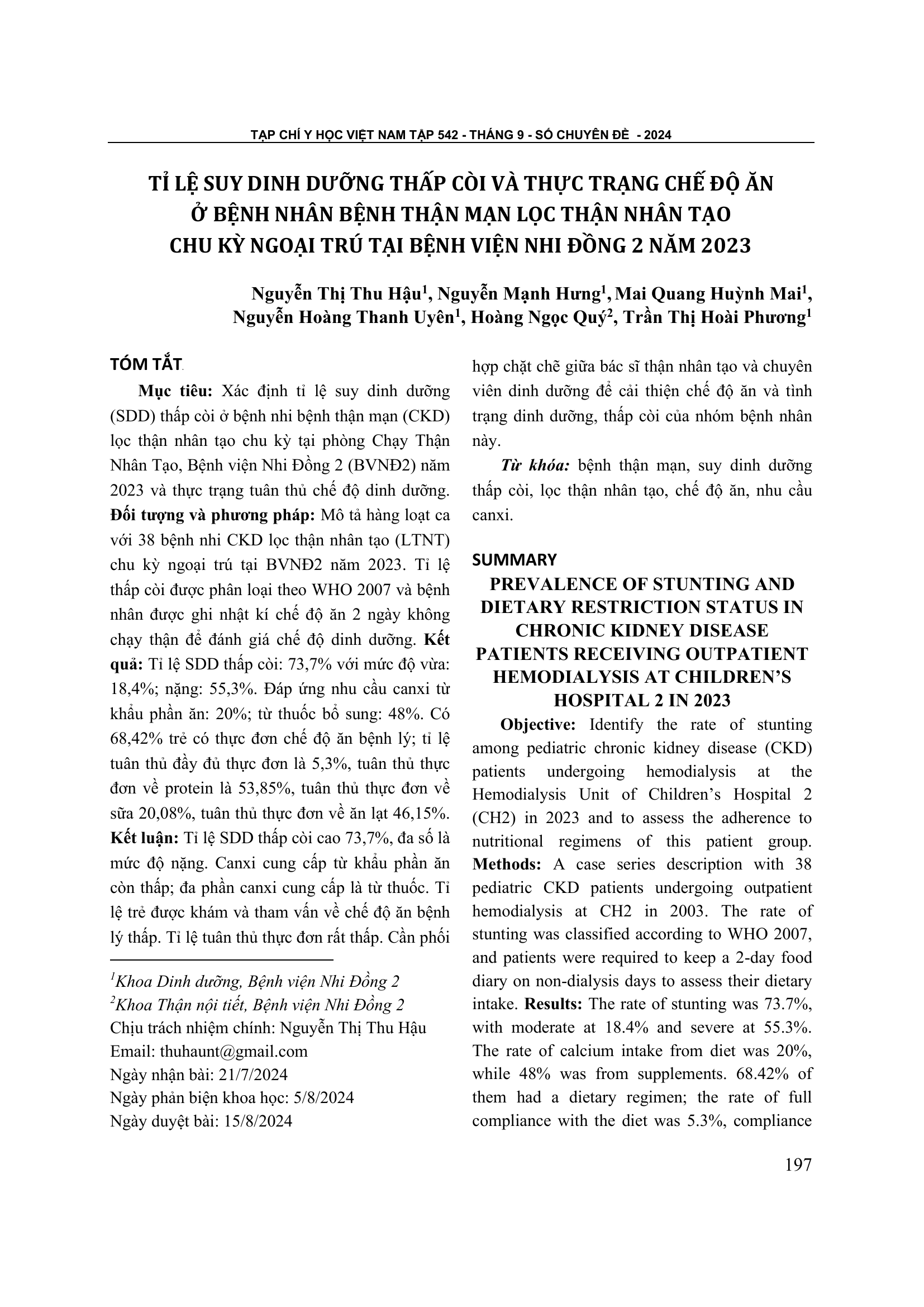 Tỉ lệ suy dinh dưỡng thấp còi và thực trạng chế độ ăn ở bệnh nhân bệnh thận mạn lọc thận nhân tạo chu kỳ ngoại trú tại Bệnh viện Nhi Đồng 2 năm 2023