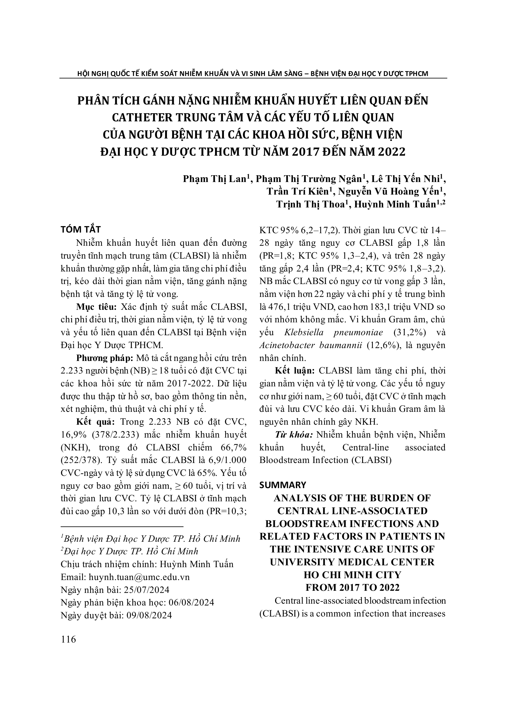 Phân tích gánh nặng nhiễm khuẩn huyết liên quan đến catheter trung tâm và các yếu tố liên quan của người bệnh tại các Khoa Hồi sức, Bệnh viện Đại học Y Dược TPHCM từ năm 2017 đến năm 2022