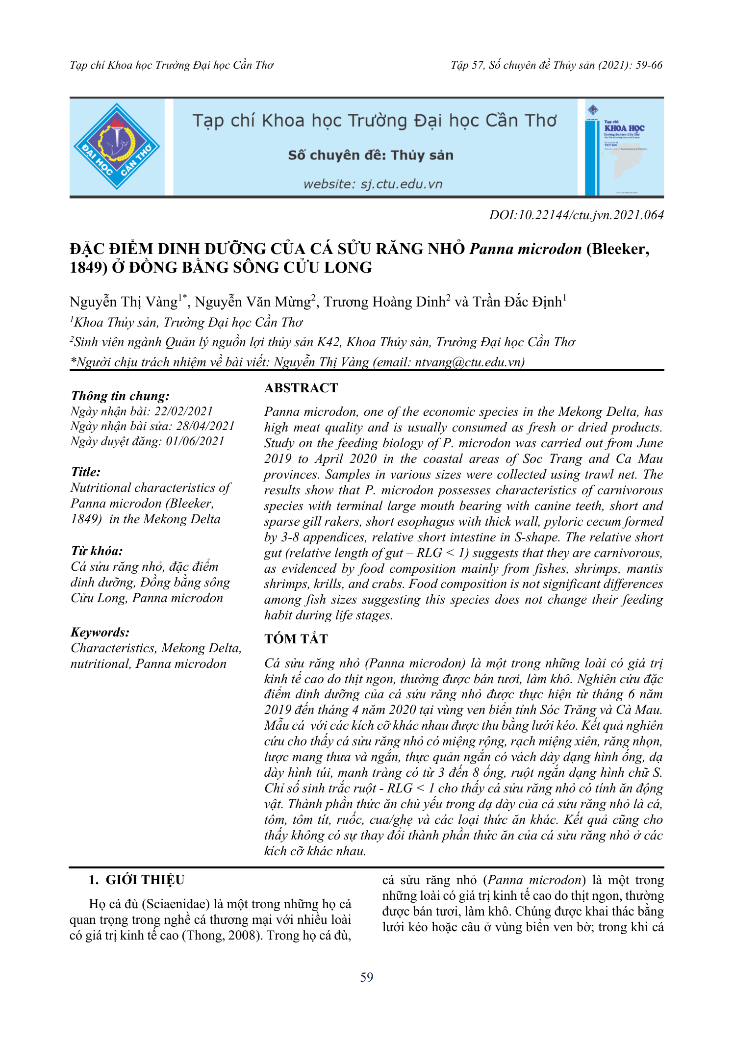 Đặc điểm dinh dưỡng của cá sửu răng nhỏ (Panna microdon) ở Đồng bằng sông Cửu Long