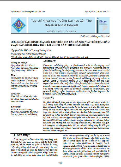 Sức khỏe tài chính của giới trẻ trên địa bàn hà nội: vai trò của thảo luận tài chính, hiểu biết tài chính và ý thức tài chính