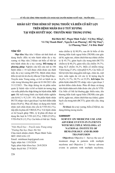 Khảo sát tình hình sử dụng thuốc và biến cố bất lợi trên bệnh nhân đa u tuỷ xương tại Viện Huyết học - Truyền máu Trung ương