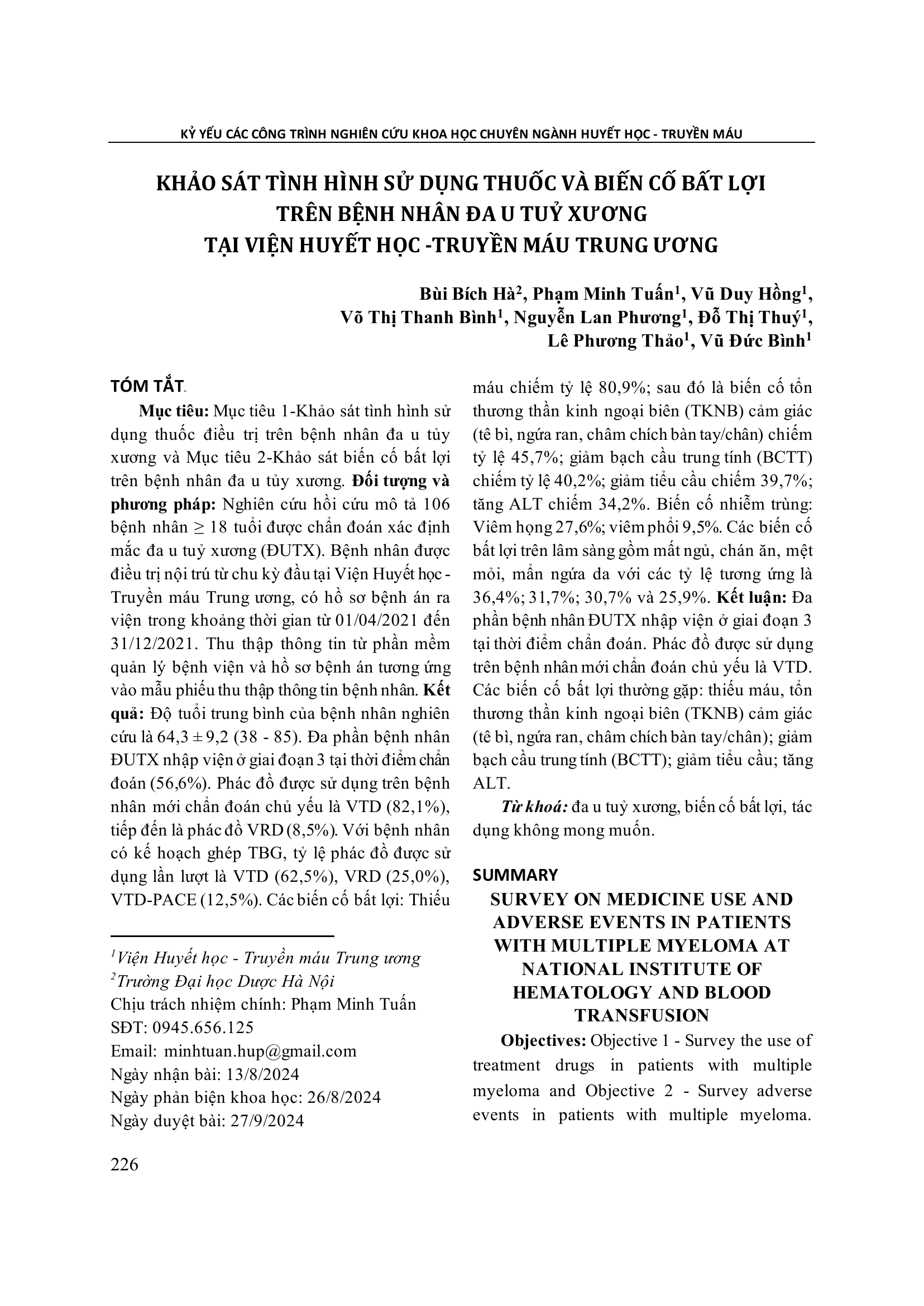 Khảo sát tình hình sử dụng thuốc và biến cố bất lợi trên bệnh nhân đa u tuỷ xương tại Viện Huyết học - Truyền máu Trung ương