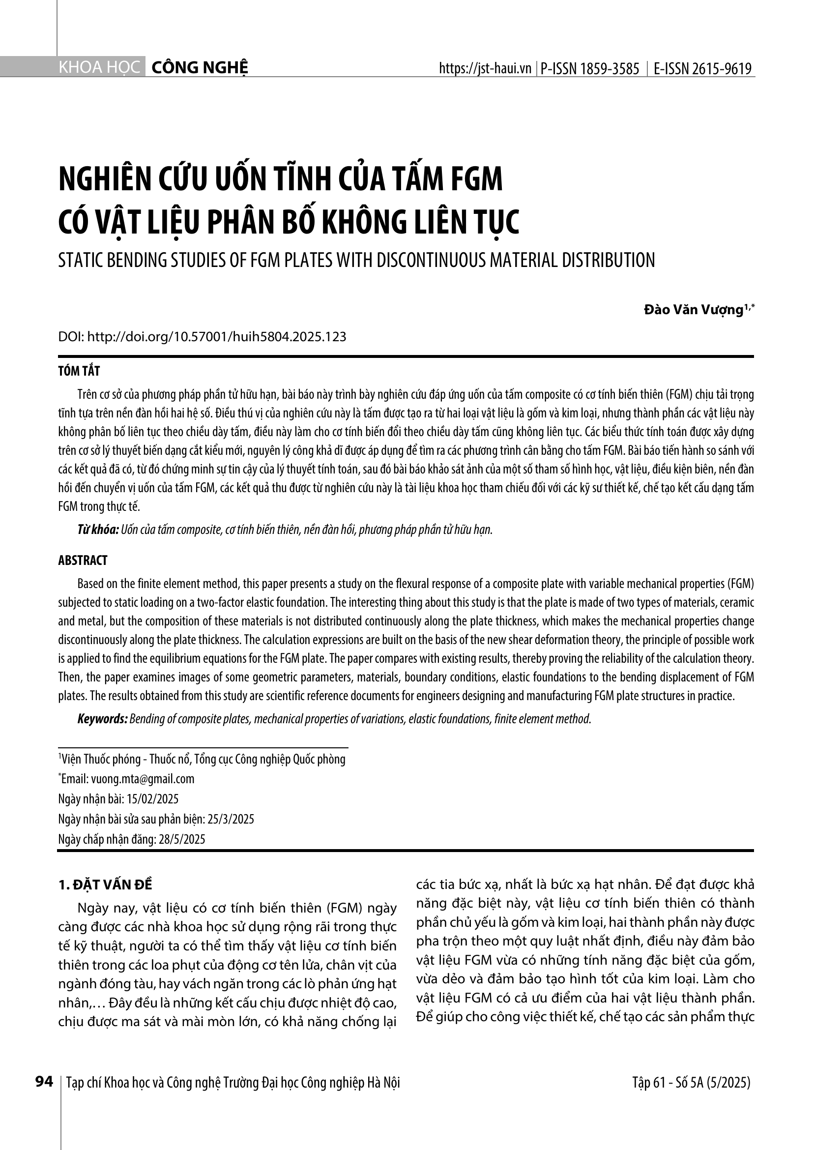 Nghiên cứu uốn tĩnh của tấm FGM có vật liệu phân bố không liên tục