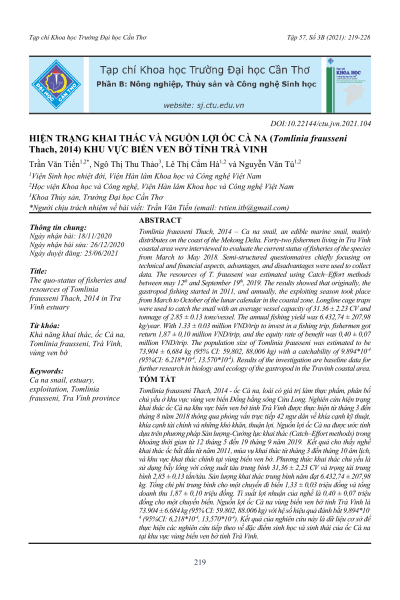 Hiện trạng khai thác và nguồn lợi ốc Cà na (Tomlinia frausseni Thach, 2014) khu vực biển ven bờ tỉnh Trà Vinh