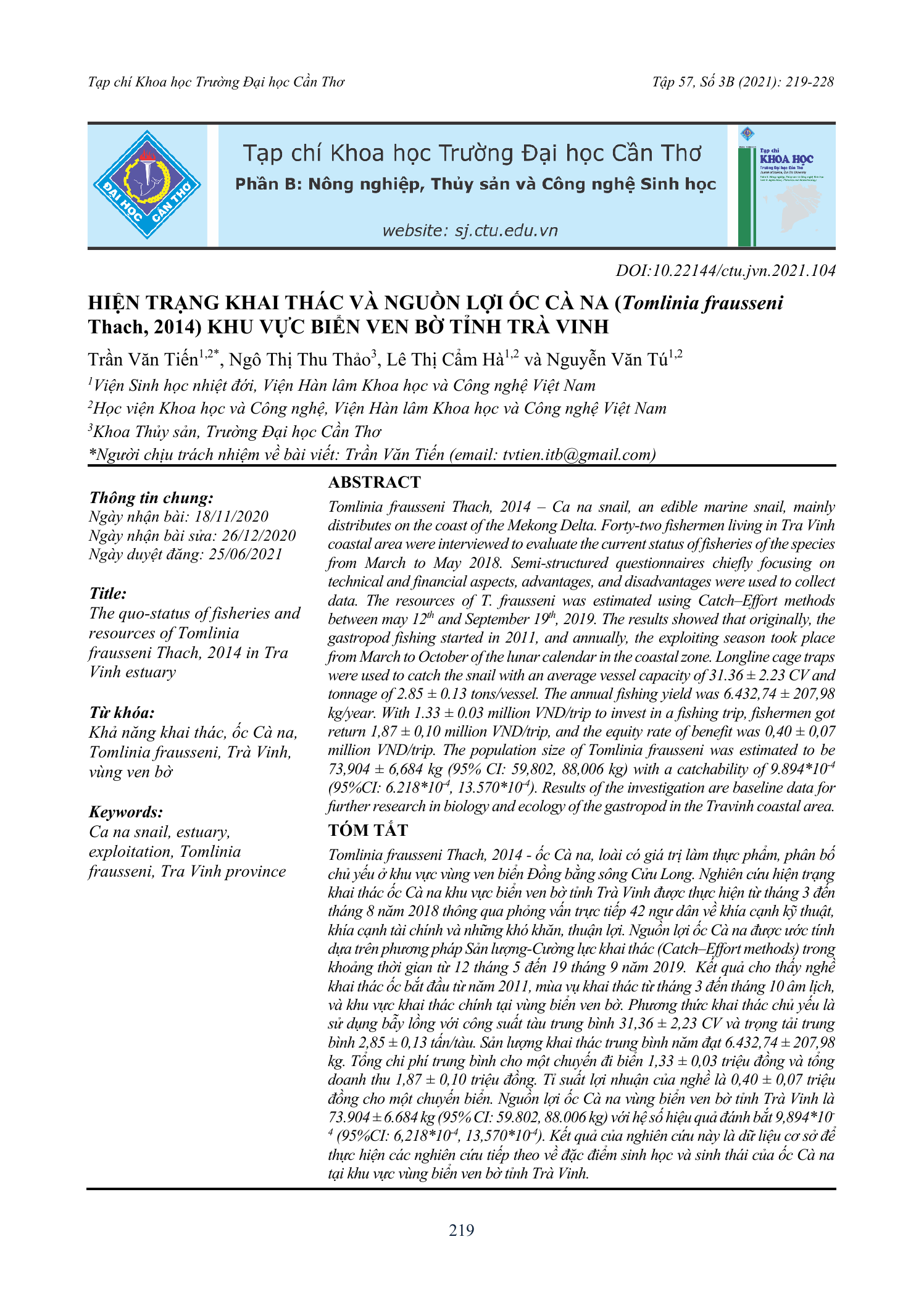 Hiện trạng khai thác và nguồn lợi ốc Cà na (Tomlinia frausseni Thach, 2014) khu vực biển ven bờ tỉnh Trà Vinh