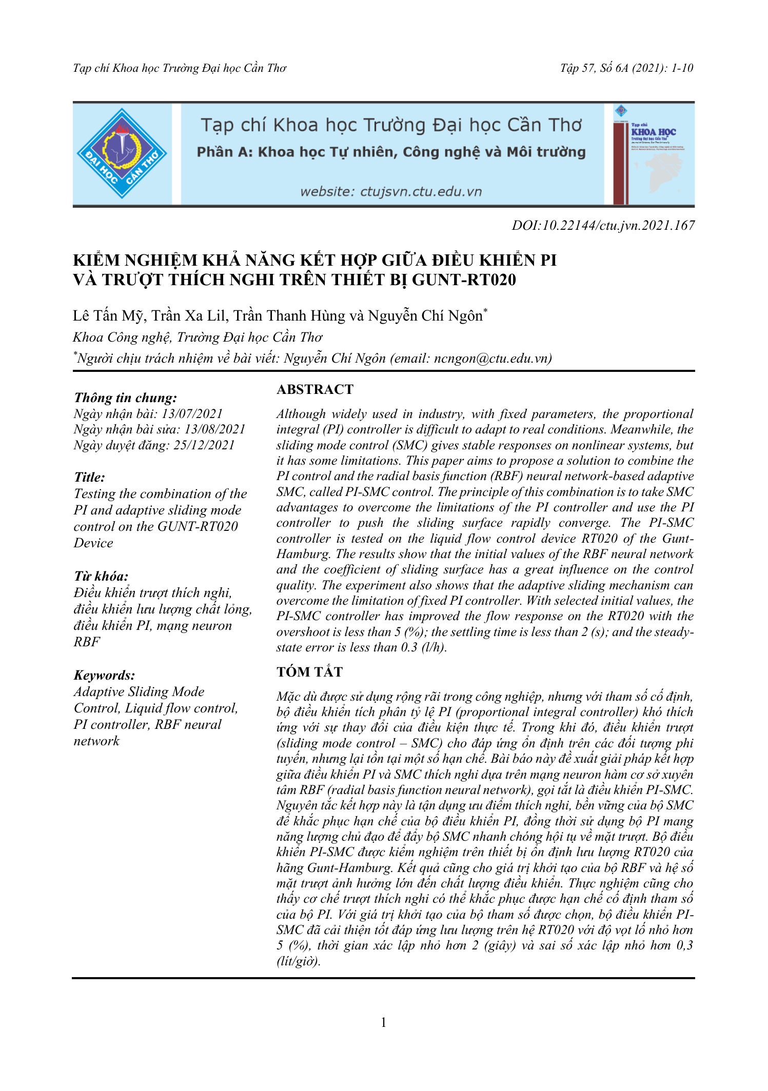 Kiểm nghiệm khả năng kết hợp giữa điều khiển PI và trượt thích nghi trên thiết bị GUNT-RT020