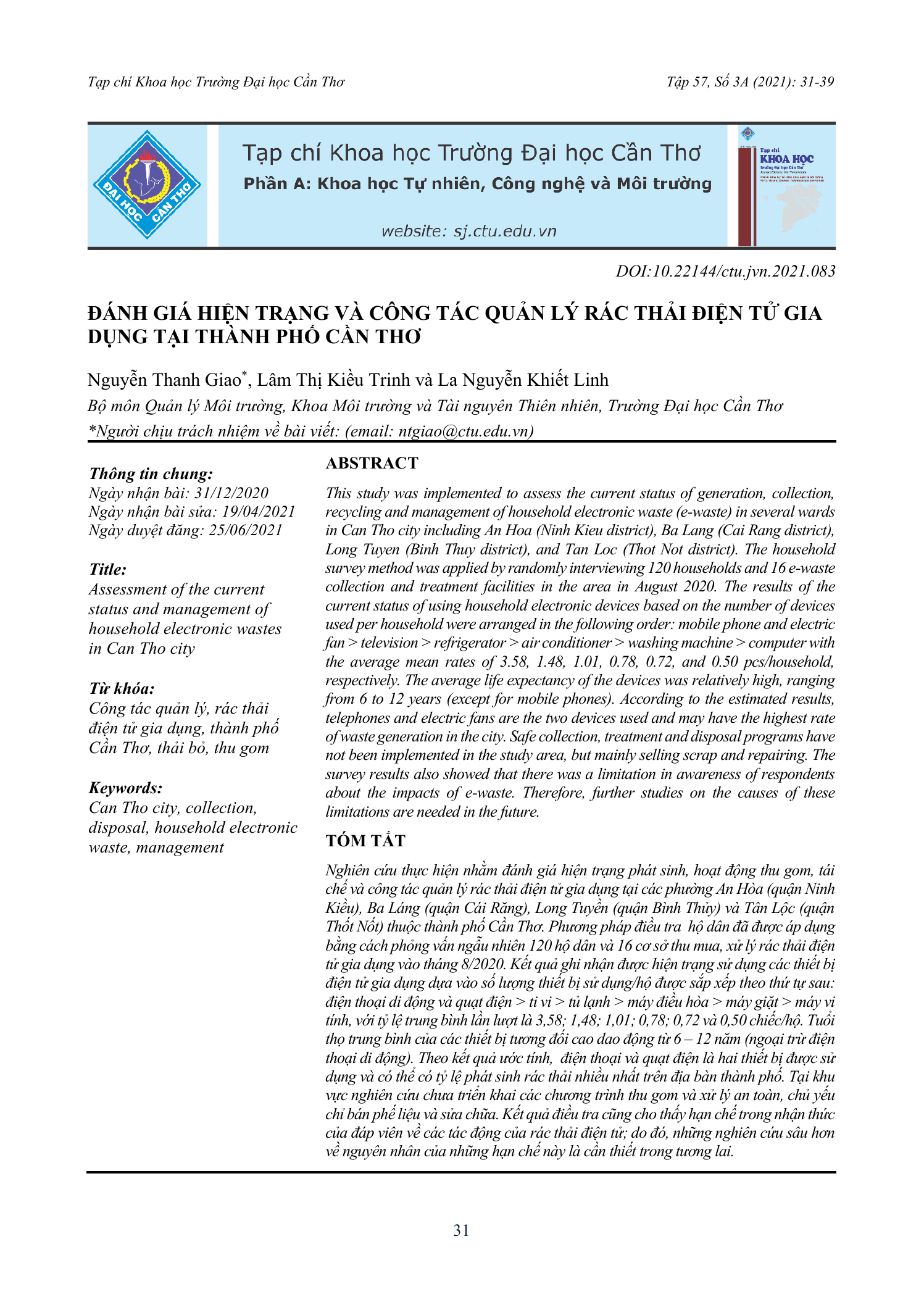 Đánh giá hiện trạng và công tác quản lý rác thải điện tử gia dụng tại thành phố Cần Thơ