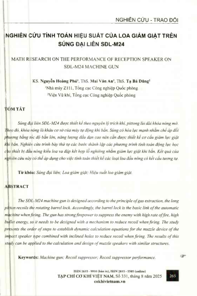 Nghiên cứu tính toán hiệu suất của loa giảm giật trên súng đại liên SDL-M24