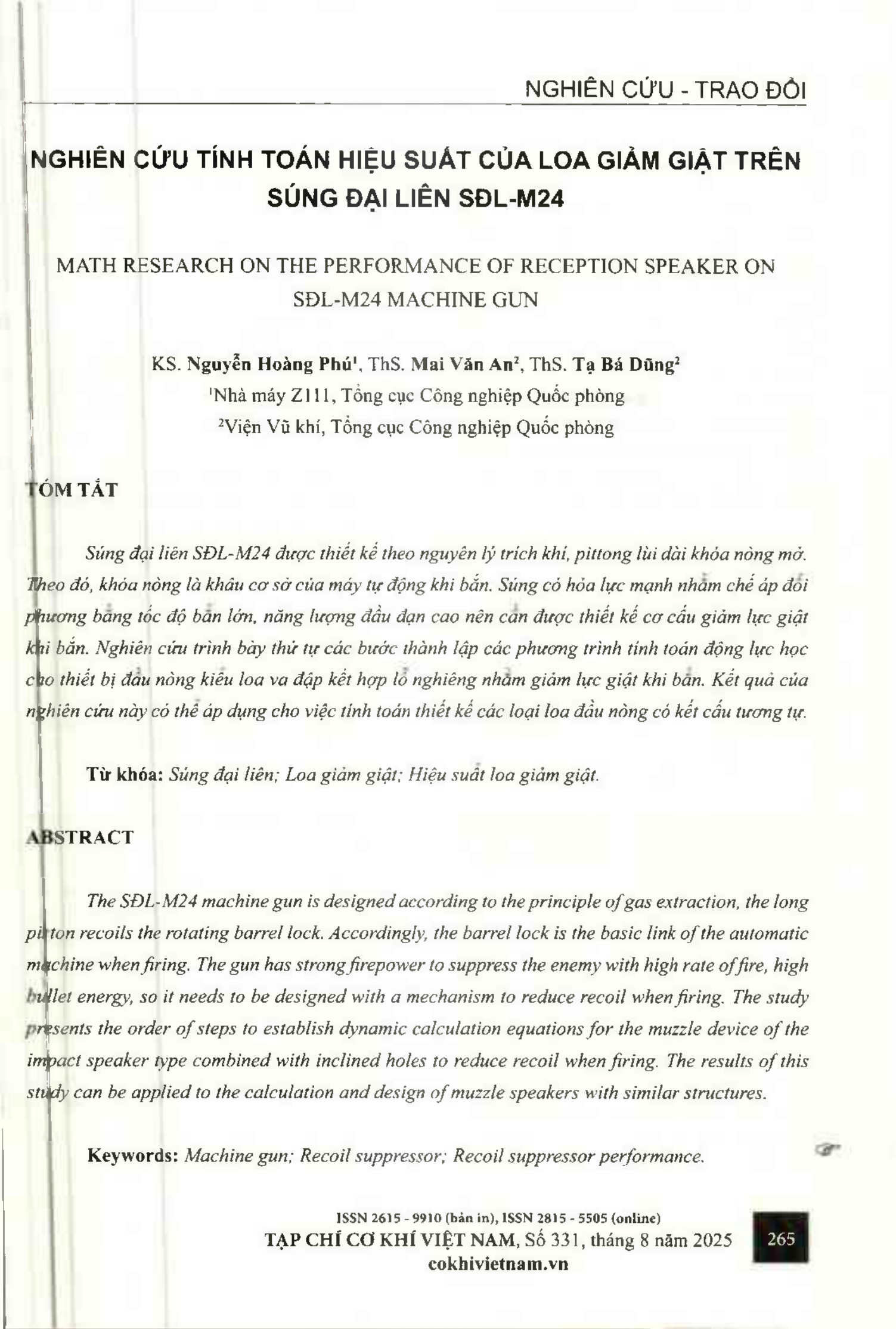 Nghiên cứu tính toán hiệu suất của loa giảm giật trên súng đại liên SDL-M24