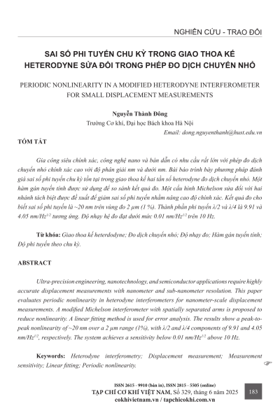 Sai số phi tuyến chu kỳ trong giao thoa kế heterodyne sửa đổi trong phép đo dịch chuyển nhỏ