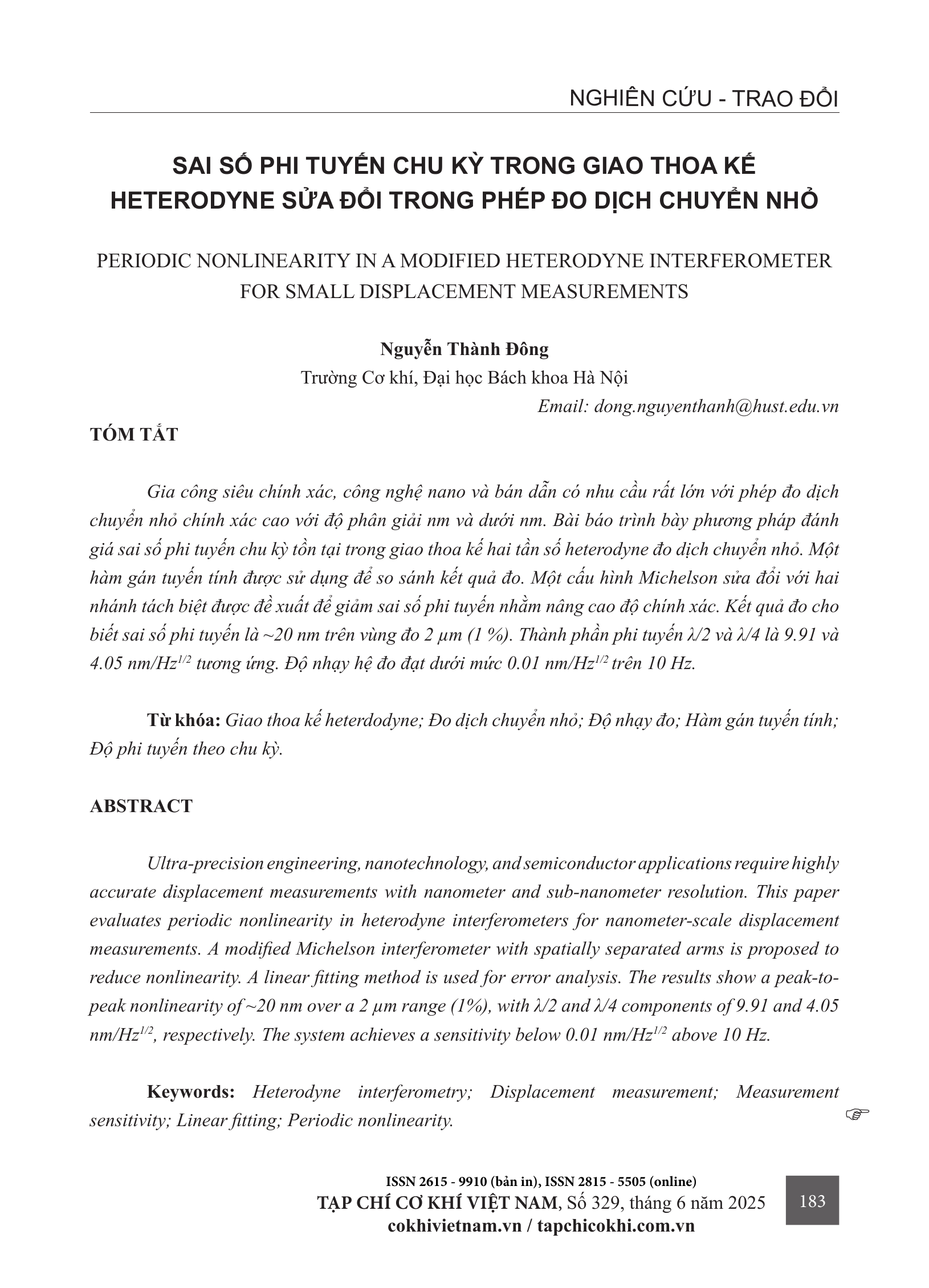 Sai số phi tuyến chu kỳ trong giao thoa kế heterodyne sửa đổi trong phép đo dịch chuyển nhỏ