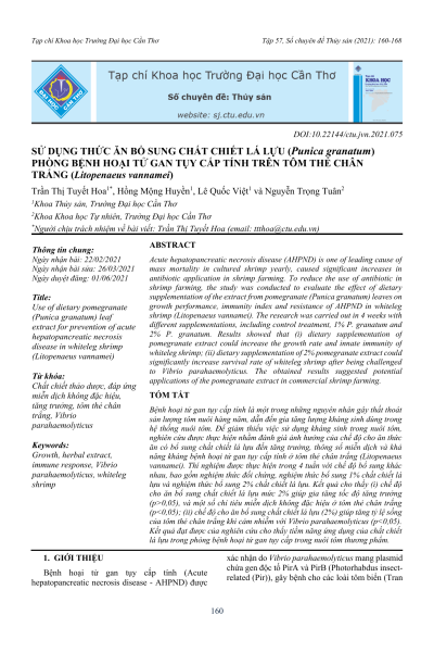 Sử dụng thức ăn bổ sung chất chiết lá lựu (Punica granatum) phòng bệnh hoại tử gan tụy cấp tính trên tôm thẻ chân trắng (Litopenaeus vannamei)