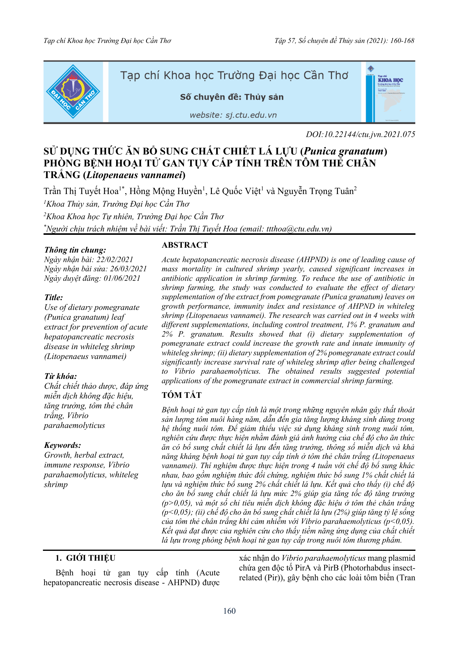 Sử dụng thức ăn bổ sung chất chiết lá lựu (Punica granatum) phòng bệnh hoại tử gan tụy cấp tính trên tôm thẻ chân trắng (Litopenaeus vannamei)