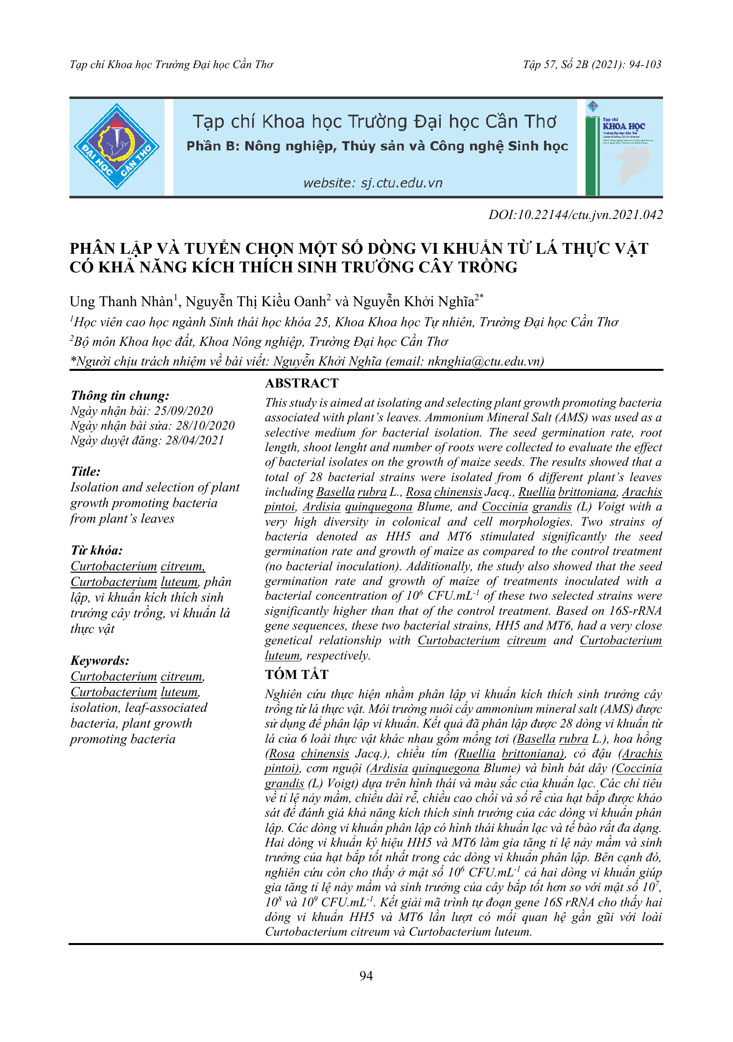 Phân lập và tuyển chọn một số dòng vi khuẩn từ lá thực vật có khả năng kích thích sinh trưởng cây trồng