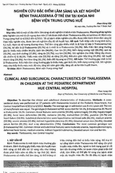 Nghiên cứu đặc điểm lâm sàng và xét nghiệm bệnh Thalassemia ở trẻ em tại khoa Nhi, bệnh viện Trung ương Huế