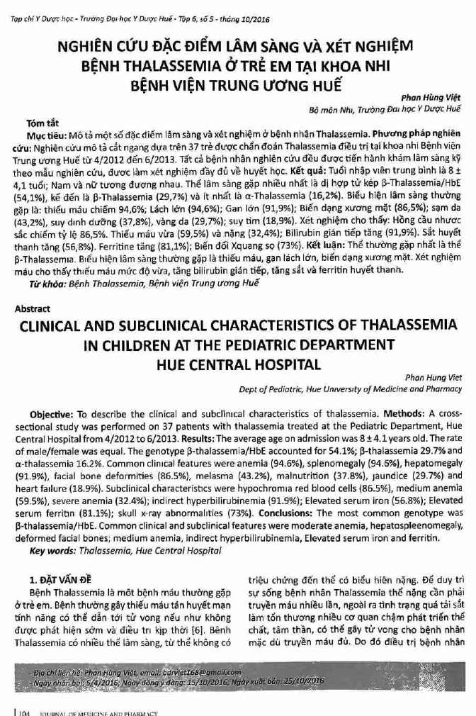 Nghiên cứu đặc điểm lâm sàng và xét nghiệm bệnh Thalassemia ở trẻ em tại khoa Nhi, bệnh viện Trung ương Huế