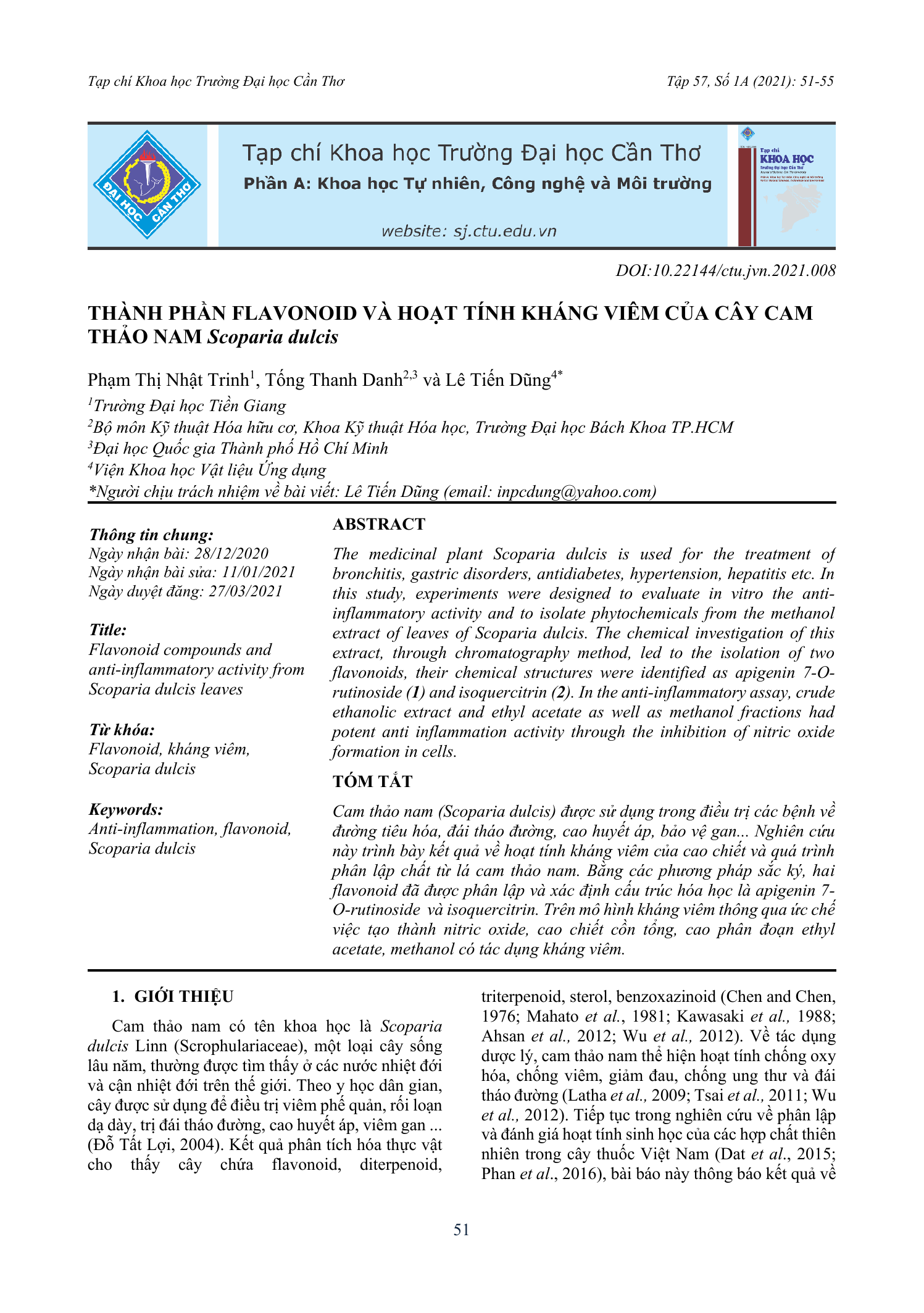 Thành phần flavonoid và hoạt tính kháng viêm của cây cam thảo nam Scoparia dulcis