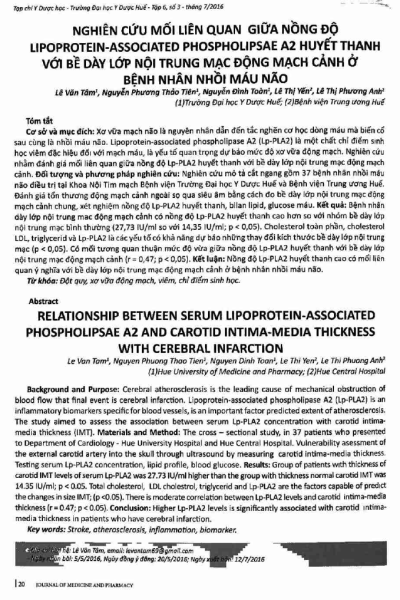 Nghiên cứu mối liên quan giữa nồng độ Lipoprotein - Associated phospholipsae A2 huyết thanh với bề dày lớp nội trung mạc động mạch cảnh ở bệnh nhân nhồi máu não