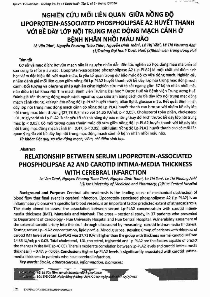 Nghiên cứu mối liên quan giữa nồng độ Lipoprotein - Associated phospholipsae A2 huyết thanh với bề dày lớp nội trung mạc động mạch cảnh ở bệnh nhân nhồi máu não