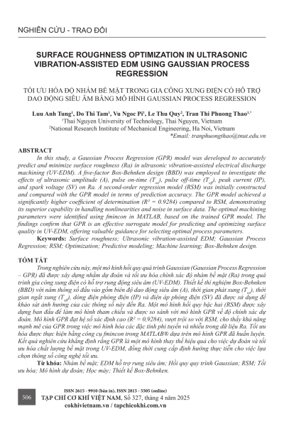Tối ưu hóa độ nhám bề mặt trong gia công xung điện có hỗ trợ dao động siêu âm bằng mô hình Gaussian Process Regression