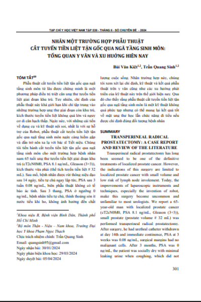 Nhân một trường hợp phẫu thuật cắt tuyến tiền liệt tận gốc qua ngã tầng sinh môn: Tổng quan y văn và xu hướng hiện nay