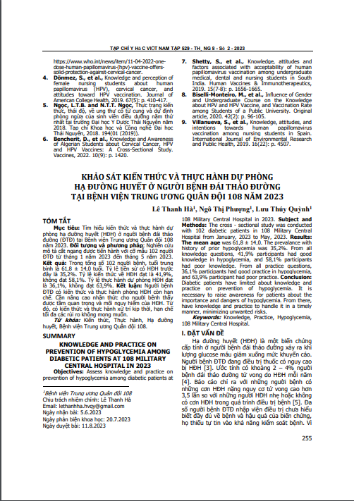 Khảo sát kiến thức và thực hành dự phòng hạ đường huyết ở người bệnh đái tháo đường tại Bệnh viện Trung ương Quân đội 108 năm 2023
