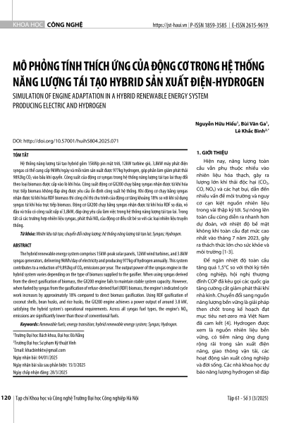 Mô phỏng tính thích ứng của động cơ trong hệ thống năng lượng tái tạo hybrid sản xuất điện-hydrogen