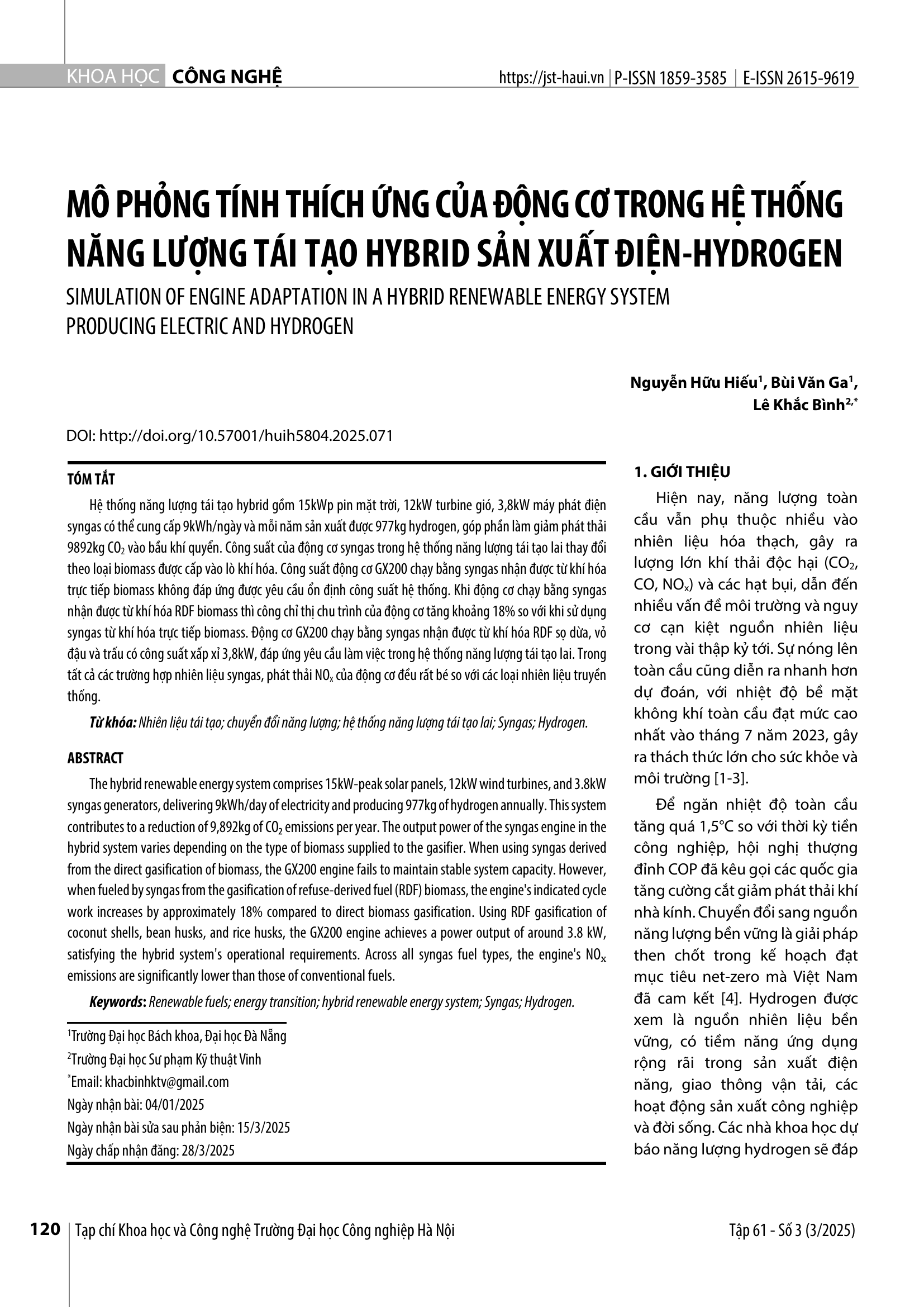 Mô phỏng tính thích ứng của động cơ trong hệ thống năng lượng tái tạo hybrid sản xuất điện-hydrogen
