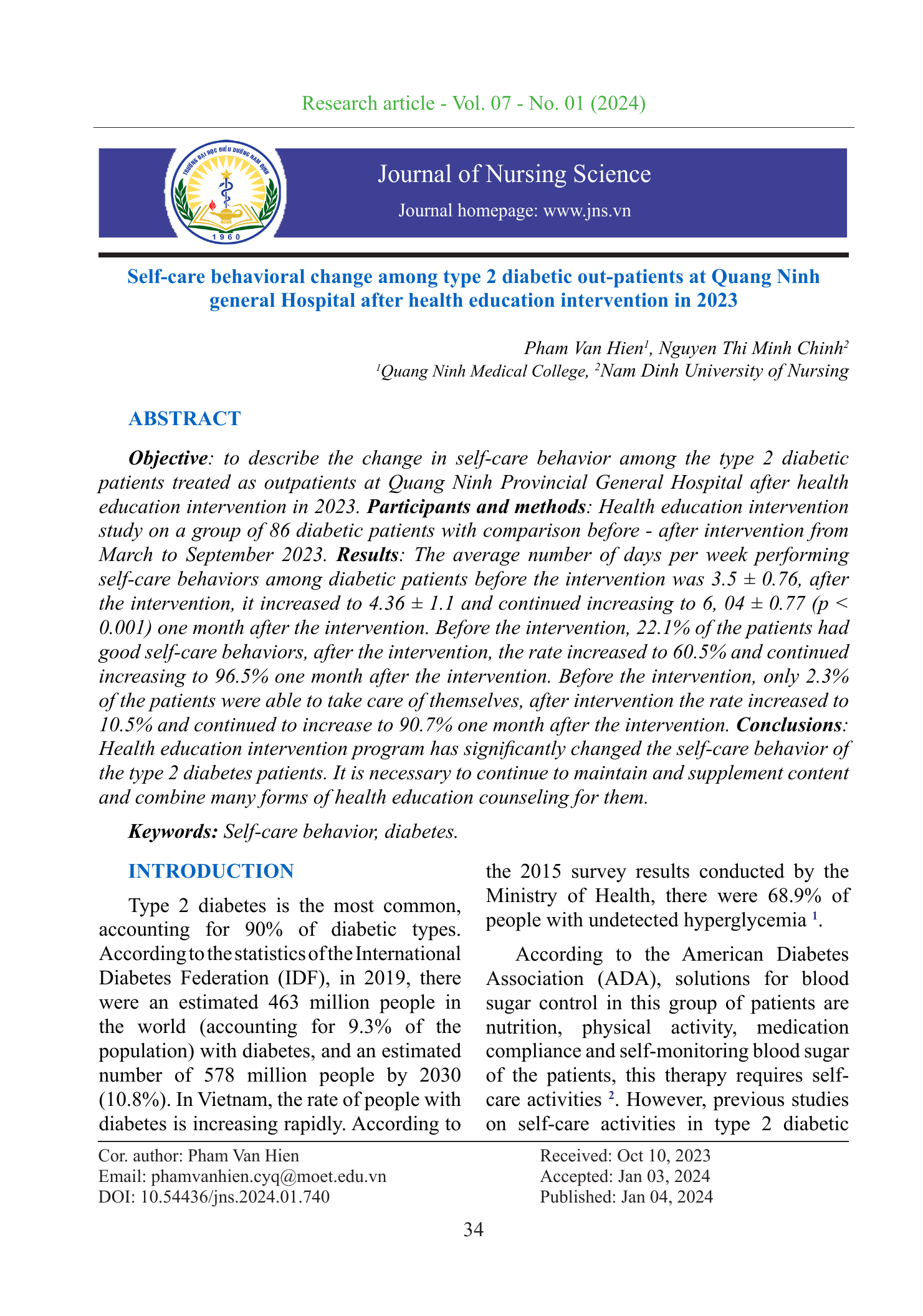 Self-care behavioral change among type 2 diabetic out-patients at Quang Ninh general Hospital after health education intervention in 2023