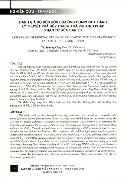 Đánh giá độ bền uốn của ống composite bằng lý thuyết phá hủy Tsai-Wu và phương pháp phần tử hữu hạn 3D