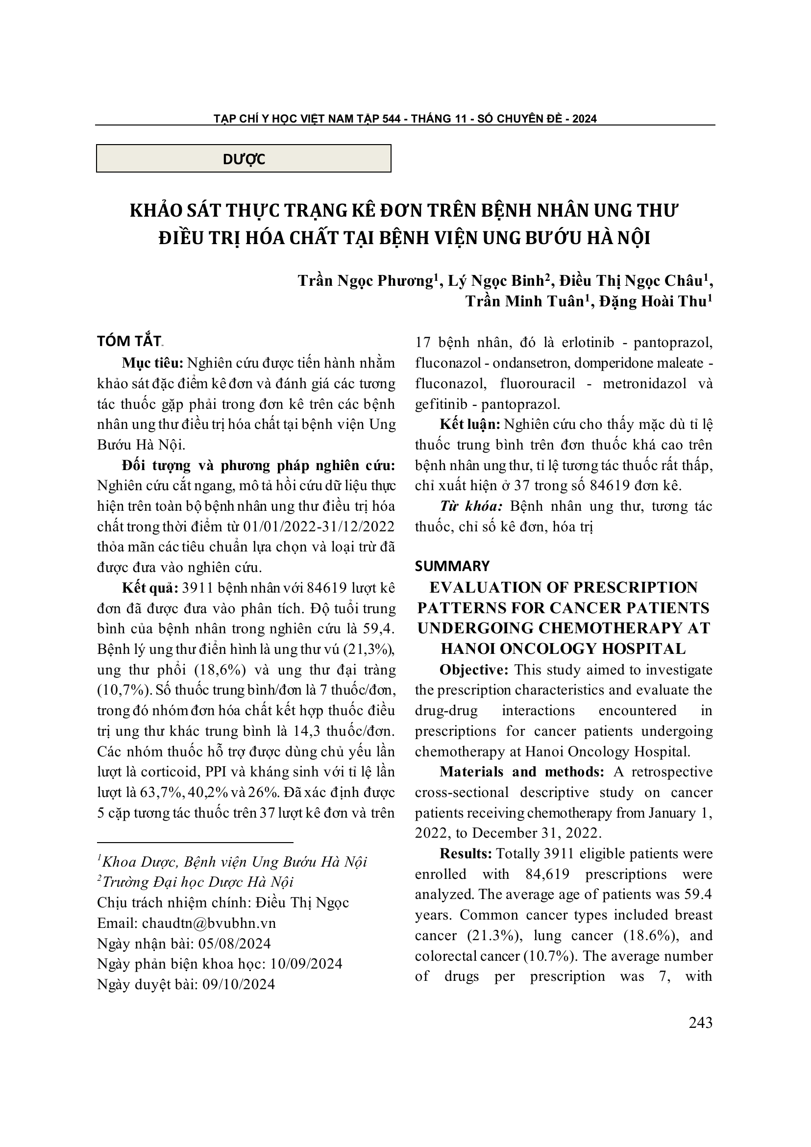 Khảo sát thực trạng kê đơn trên bệnh nhân ung thư điều trị hóa chất tại bệnh viện Ung Bướu Hà Nội