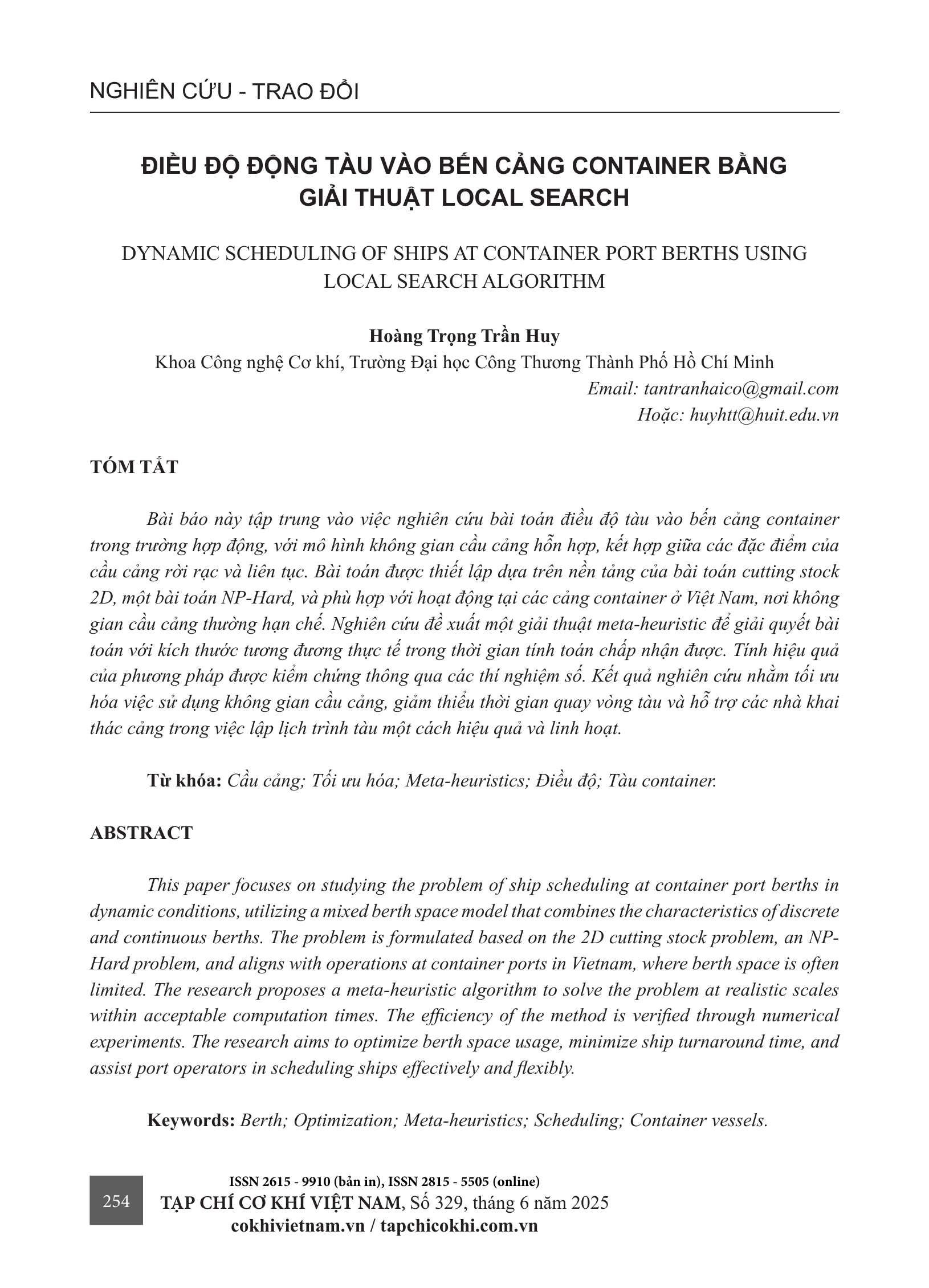 Điều độ động tàu vào bến cảng container bằng giải thuật Local Search