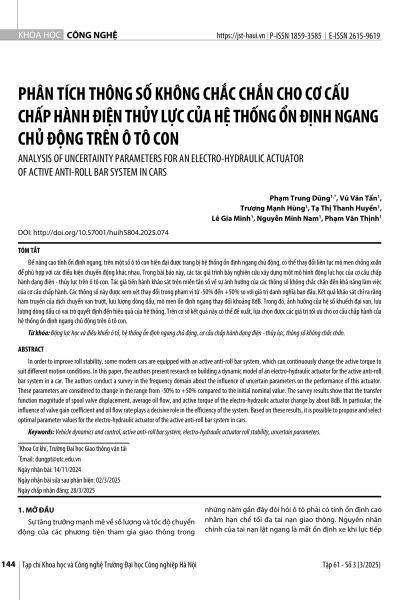 Phân tích thông số không chắc chắn cho cơ cấu chấp hành điện thủy lực của hệ thống ổn định ngang chủ động trên ô tô con