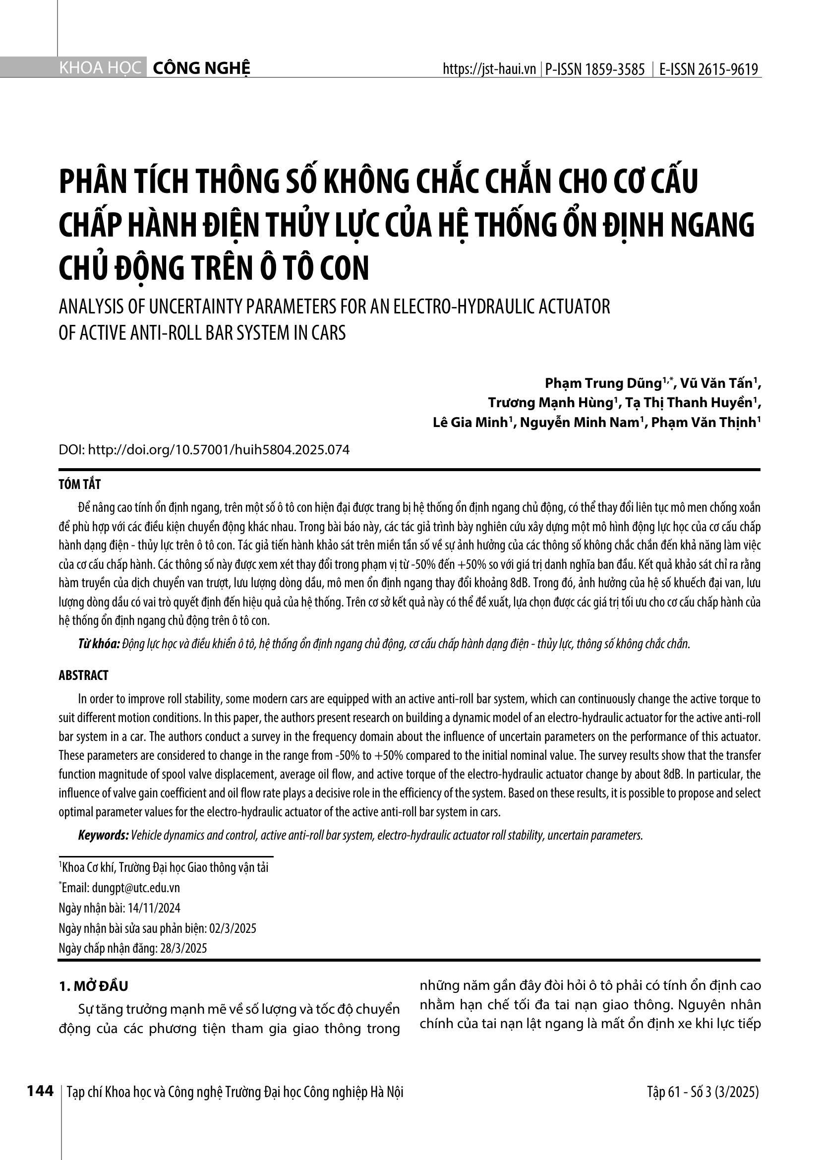 Phân tích thông số không chắc chắn cho cơ cấu chấp hành điện thủy lực của hệ thống ổn định ngang chủ động trên ô tô con