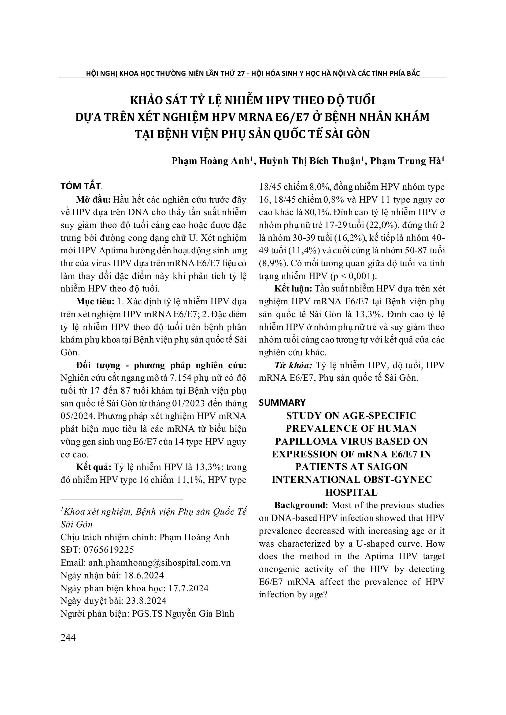 Khảo sát tỷ lệ nhiễm HPV theo độ tuổi dựa trên xét nghiệm HPVmRNA E6/E7 ở bệnh nhân khám tại Bệnh viện Phụ Sản Quốc Tế Sài Gòn