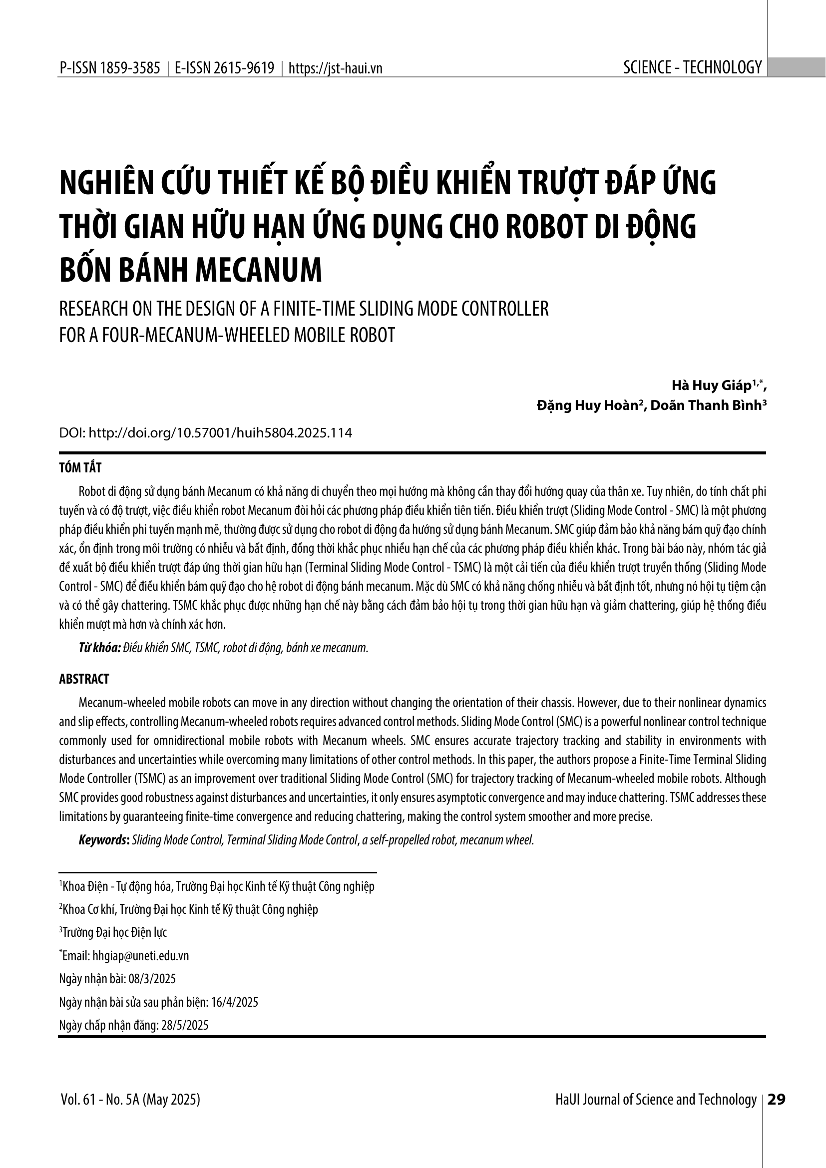 Nghiên cứu thiết kế bộ điều khiển trượt đáp ứng thời gian hữu hạn ứng dụng cho robot di động bốn bánh mecanum