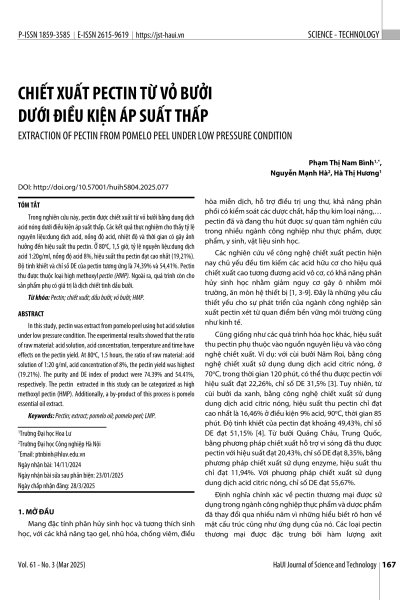 Chiết xuất pectin từ vỏ bưởi dưới điều kiện áp suất thấp