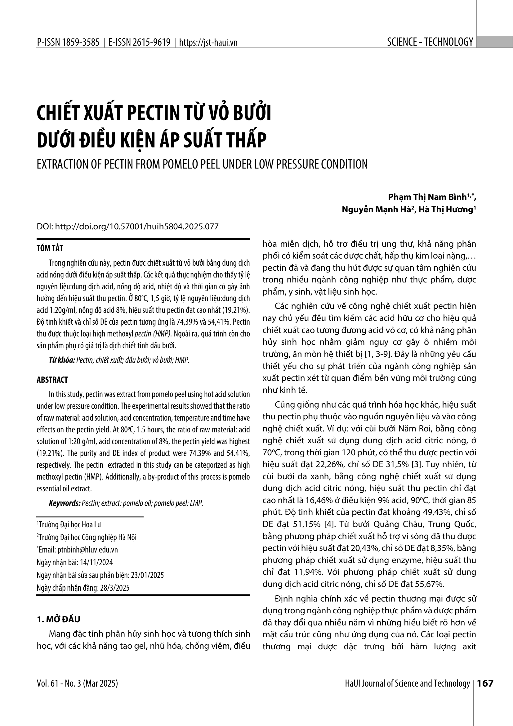 Chiết xuất pectin từ vỏ bưởi dưới điều kiện áp suất thấp