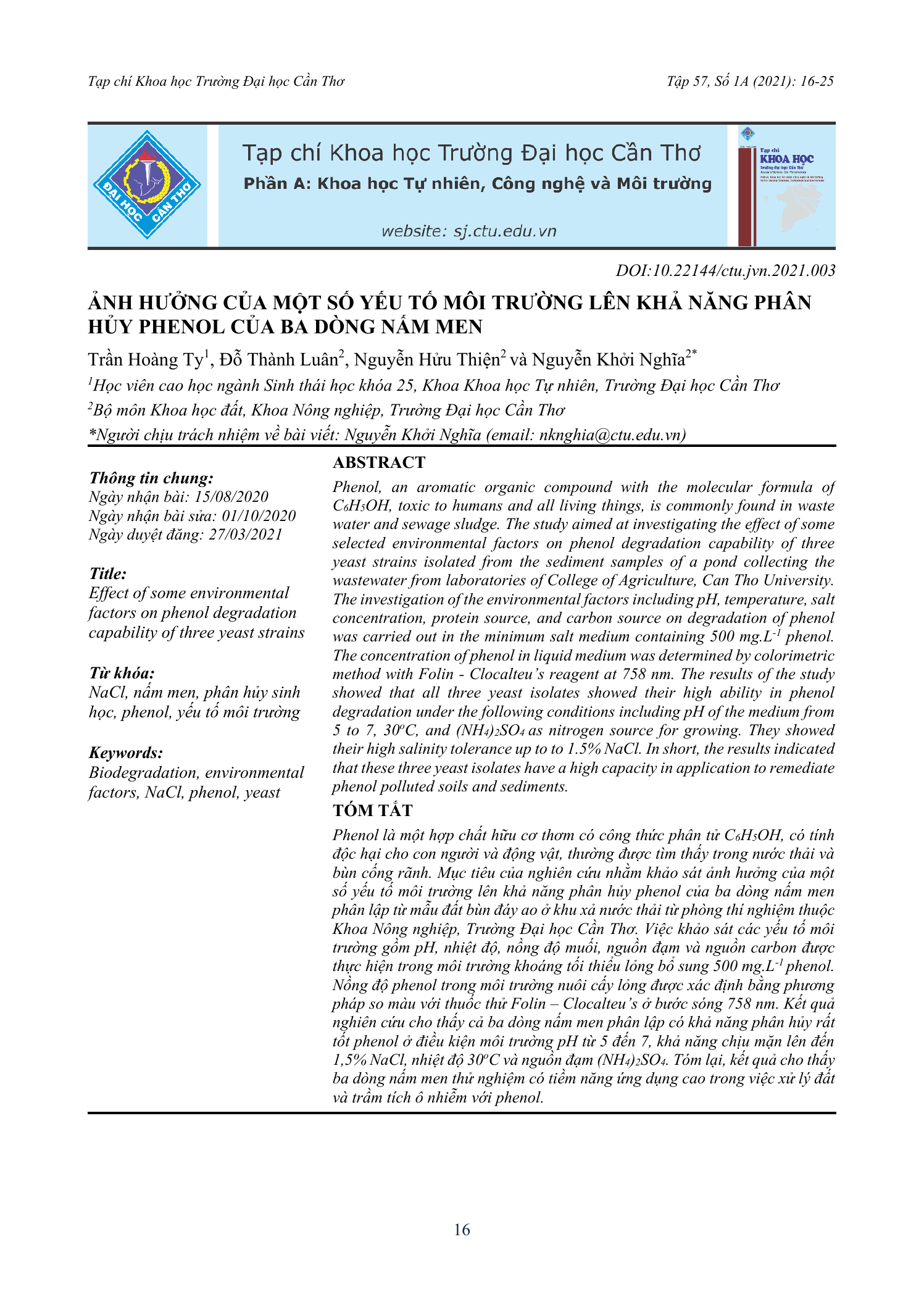 Ảnh hưởng của một số yếu tố môi trường lên khả năng phân hủy phenol của ba dòng nấm men