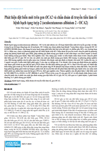 Phát hiện đột biến mới trên gen OCA2 và chẩn đoán di truyền tiền làm tổ bệnh bạch tạng tuýp 2 (oculocutaneous albinism 2 - OCA2)