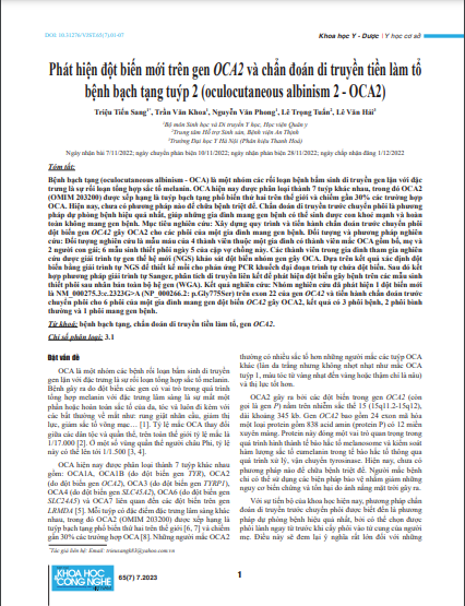 Phát hiện đột biến mới trên gen OCA2 và chẩn đoán di truyền tiền làm tổ bệnh bạch tạng tuýp 2 (oculocutaneous albinism 2 - OCA2)
