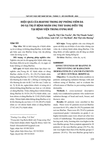 Hiệu quả của biafine trong dự phòng viêm da do xạ trị ở bệnh nhân ung thư đang điều trị tại bệnh viện Trung ương Huế