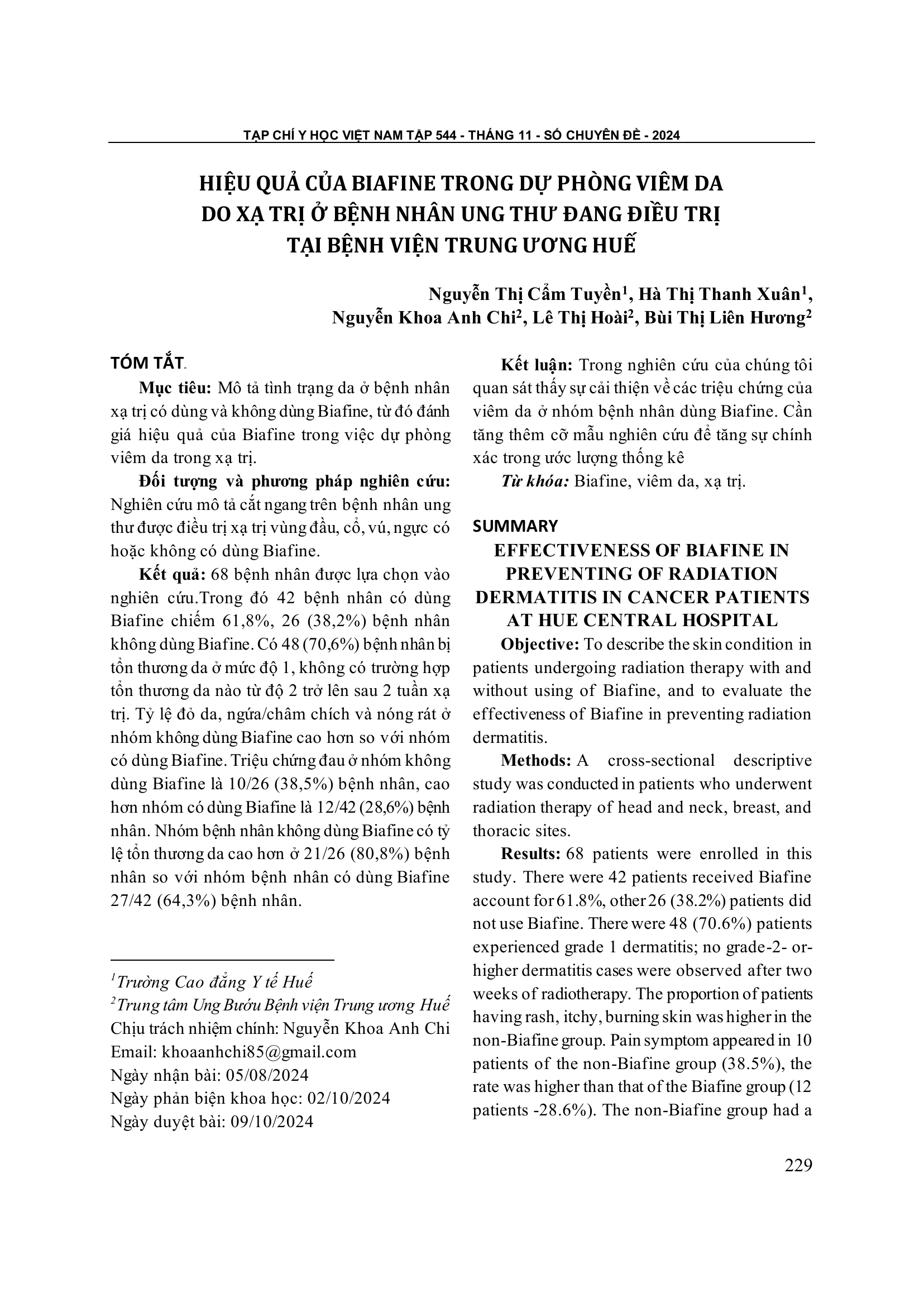 Hiệu quả của biafine trong dự phòng viêm da do xạ trị ở bệnh nhân ung thư đang điều trị tại bệnh viện Trung ương Huế