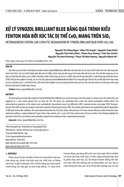 Xử lý Synozol Brilliant Blue bằng quá trình kiểu Fenton hóa bởi xúc tác dị thể CeO₂ mang trên SiO₂