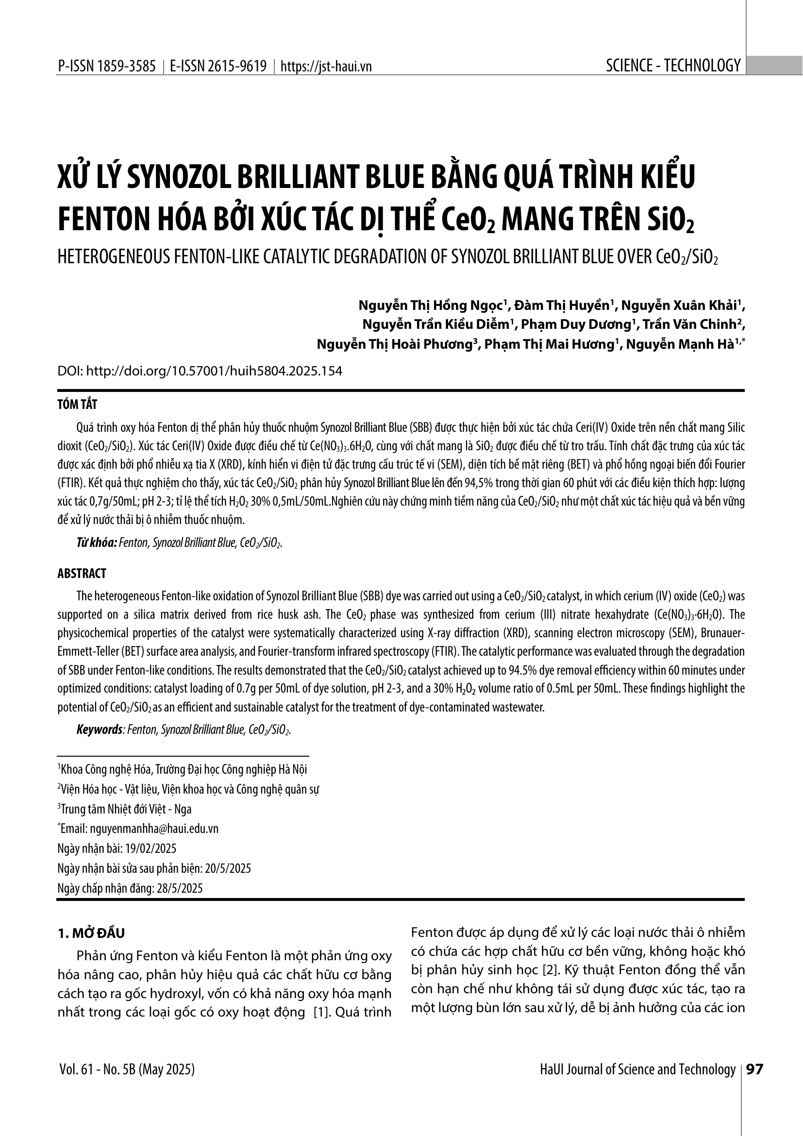 Xử lý Synozol Brilliant Blue bằng quá trình kiểu Fenton hóa bởi xúc tác dị thể CeO₂ mang trên SiO₂