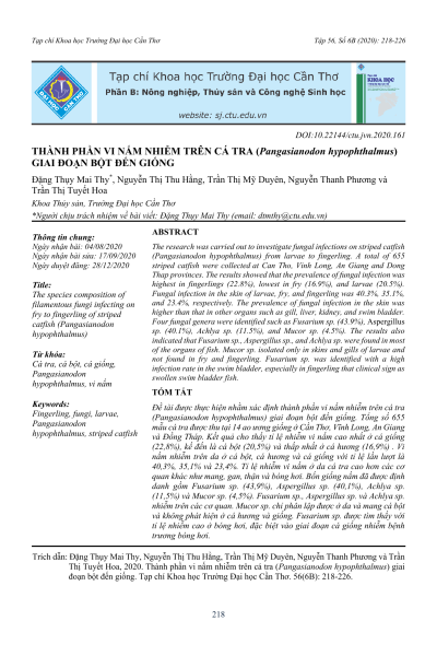 Thành phần vi nấm nhiễm trên cá tra (Pangasianodon hypophthalmus) giai đoạn bột đến giống
