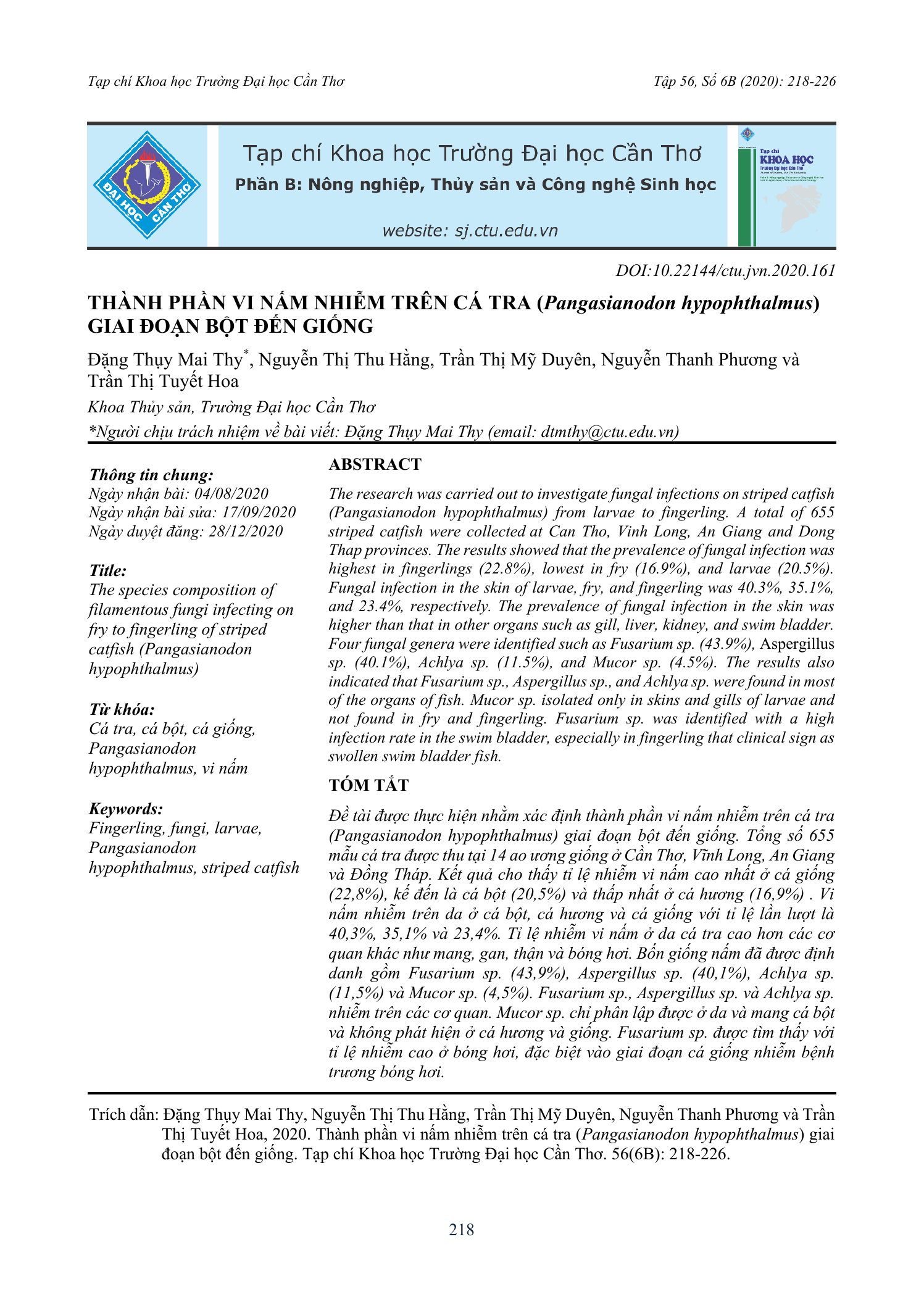 Thành phần vi nấm nhiễm trên cá tra (Pangasianodon hypophthalmus) giai đoạn bột đến giống