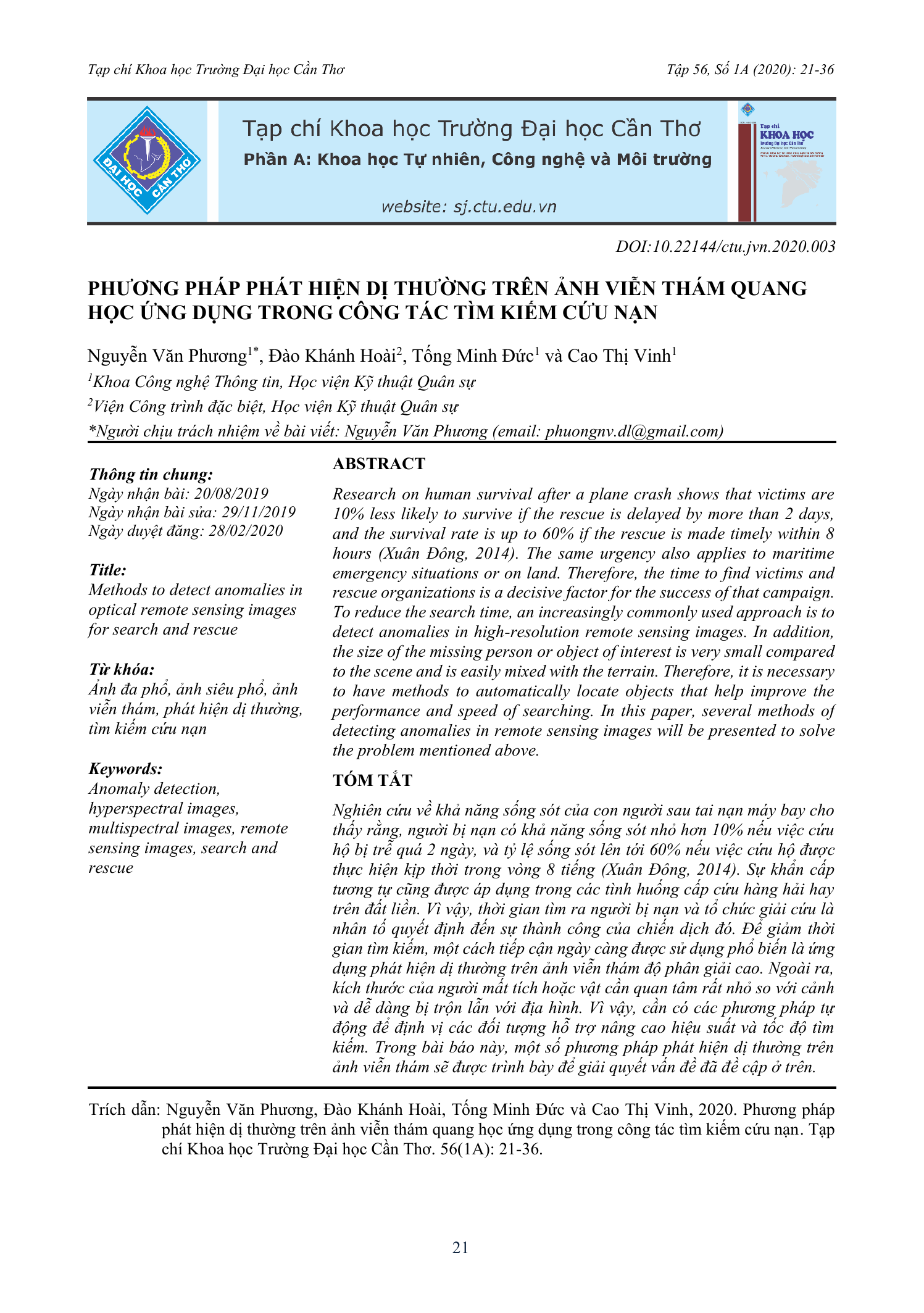 Phương pháp phát hiện dị thường trên ảnh viễn thám quang học ứng dụng trong công tác tìm kiếm cứu nạn